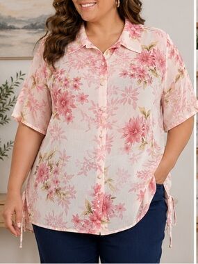 Kari New York Pink Floral Button-Down Blouse 22W